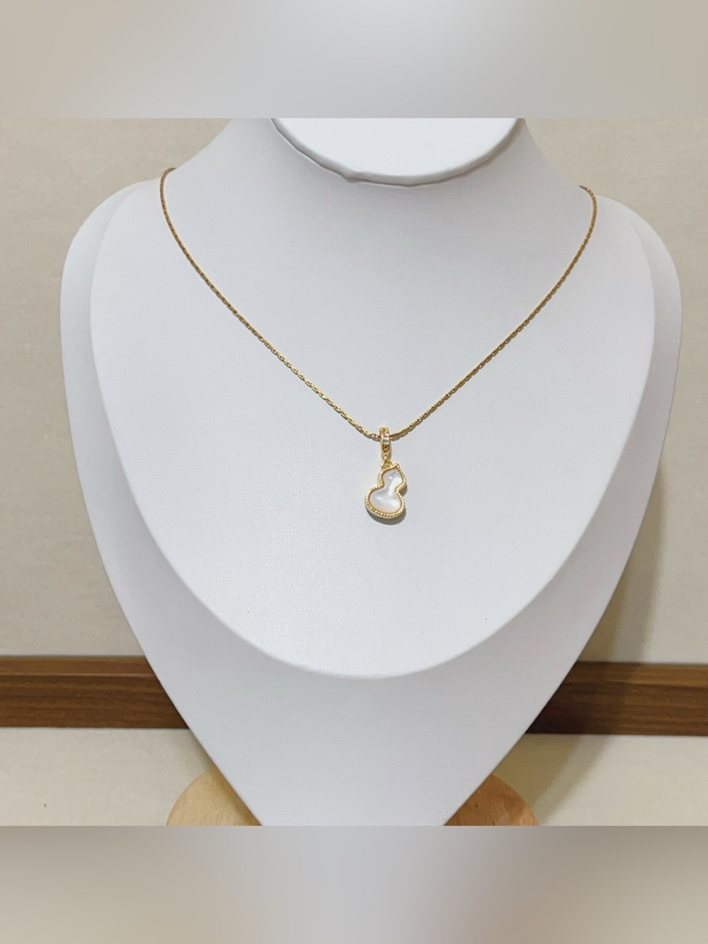 Double-Sided Dainty Gold lucky Gourd Necklace | Mother of Pearl & Blue Enamel - Picture 6 of 7